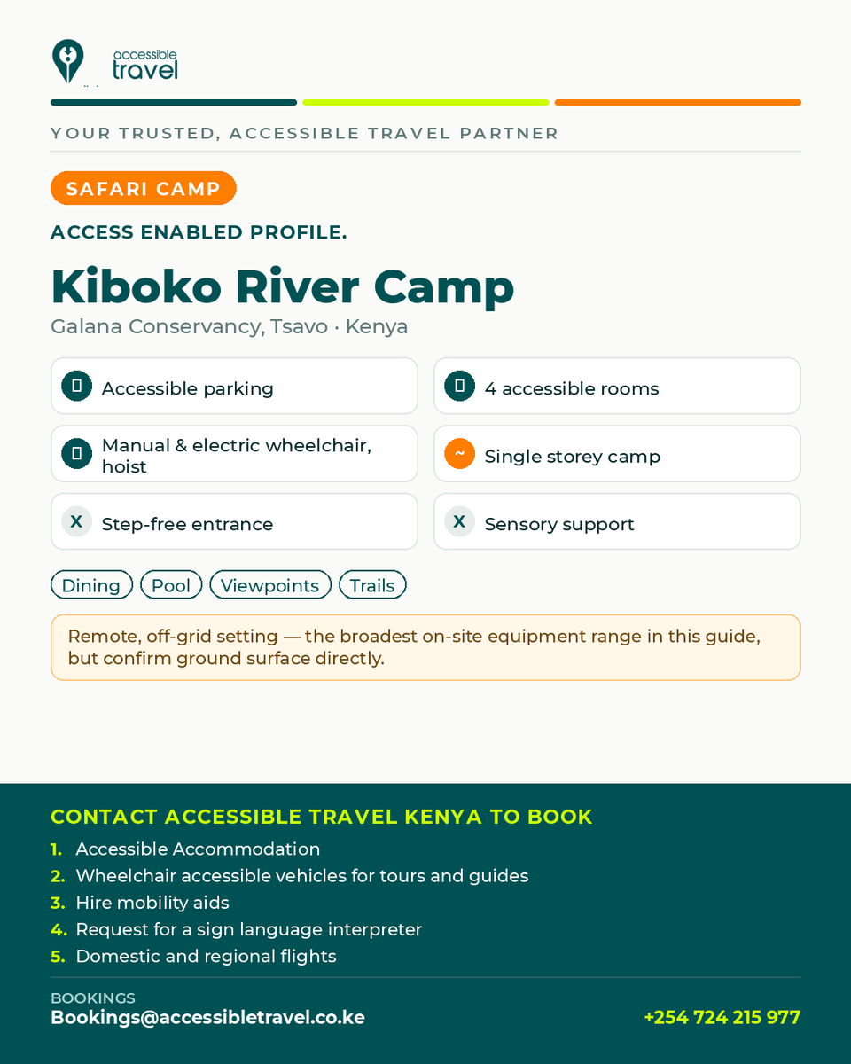 AccessTravelKE's tweet photo. Kiboko River Camp, Tsavo: 4 accessible rooms, manual &amp; electric wheelchairs, hoist on site — broadest equipment range yet. Remote &amp; off-grid, so confirm ground surface first. We arrange the transfer, stay &amp; more. 
+254724 215 977 
Bookings@accessibletravel.co.ke #AccessibleSafari https://t.co/Sbpr4gh51T
