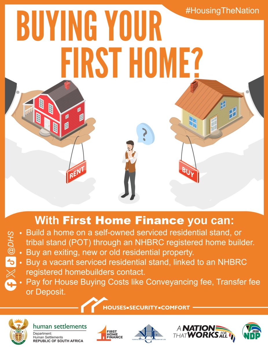 The_DHS's tweet photo. BUYING YOUR FIRST HOME❓🏠

With First Home Finance you can: 

● Build a home on a self-owned serviced residential stand, or tribal stand (POT) through an NHBRC registered home 👷‍♂️.
● Buy an existing, new or old residential property 🏬.
● Buy a vacant serviced residential stand, linked to an NHBRC registered homebuilder contact 🖇️.
● Pay for House Buying Costs like Conveyancing fee, Transfer fee or Deposit 💰. 

Visit https://t.co/Af2Pk3H4ab to Apply.

Follow our WhatsApp Channel for More updates at: https://t.co/C9JnUtg96T

#ServiceDeliveryZA #HousingTheNation