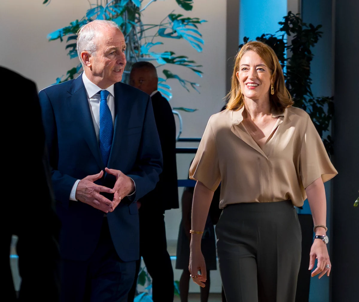 The President of the European Parliament Roberta Metsola welcoming the Taoiseach of Ireland Micheál Martin to the European Parliament in Strasbourg, France.