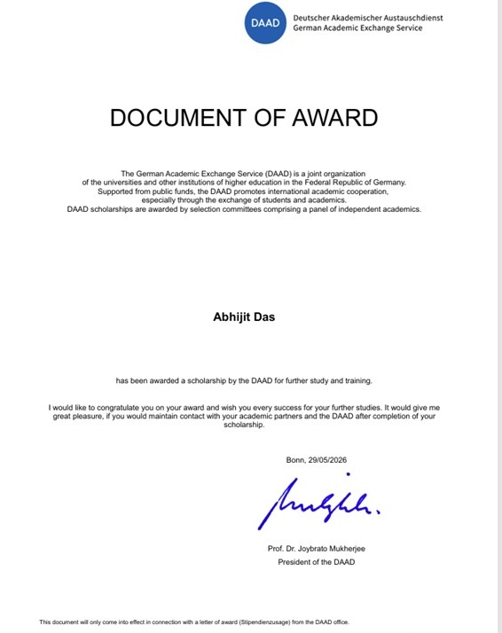DRondiya's tweet photo. Congratulations to my team member (Abhijit Das, https://t.co/0rXaK4Qaz4 Research) on receiving the prestigious DAAD Ph.D. Scholarship! Selected based on his good research proposal on perovskite devices and strong research track record. Best wishes!
#DAAD #PhD Perovskites #SpacePV https://t.co/XO70M18goM