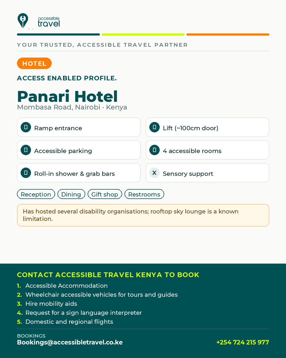 AccessTravelKE's tweet photo. Panari Hotel, Mombasa Rd Nairobi: ramped entrance, lift, 4 fully-equipped accessible rooms.
Book disability friendly accommodation, wheelchair accessible vehicles and sign language interpreters.
+254724 215 977
Bookings@accessibletravel.co.ke #TembeaKenya #Nairobi @magicalkenya https://t.co/Ja0zYBDzwl
