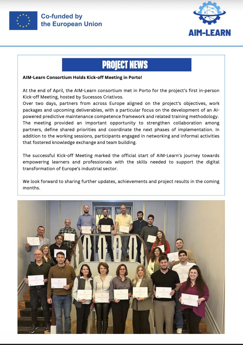 dlearneu's tweet photo. The first AIM-Learn Newsletter is here!
https://t.co/gLgZJ6JpaL
#AIMLearn #ErasmusPlus #PredictiveMaintenance #ArtificialIntelligence #AI #Industry40 #Manufacturing #IndustrialInnovation #DigitalTransformation #LifelongLearning #Upskilling #Reskilling #VocationalEducation https://t.co/fLpB0W15xf