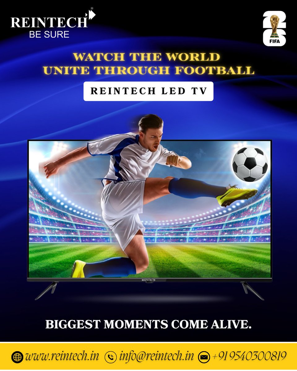 ReintechPvtLtd's tweet photo. ⚽ Every goal deserves a bigger screen! Experience every thrilling FIFA World Cup moment in stunning clarity with Reintech Smart LED TV. 📺🔥
Visit: https://t.co/aznUVBz0dE
#Reintech #ReintechLEDTV #FIFAWorldCup #WorldCup2026 #WatchTheGame #4KTV #EkPedMaaKeNaam #BestMiniLED https://t.co/5aVNmRPqHF