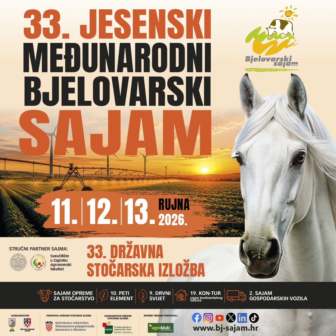 bj_sajam's tweet photo. Ako se još predomišljaš, sada je pravo vrijeme! 🌾

Javi nam se i osiguraj svoje mjesto na 33. Jesenskom međunarodnom bjelovarskom sajmu te postani dio najveće poljoprivredne manifestacije u regiji.

Vidimo se od 11. do 13. rujna 2026. u Bjelovaru! https://t.co/fTkkQRhg5F