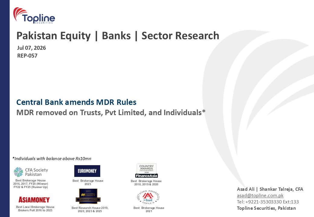 toplinesec's tweet photo. Pakistan Banks – Central Bank amends MDR Rules; MDR removed on Trusts, Pvt Limited, and Individuals*
(Jul 07, 2026)

#Banks #Pakistan #MDR #Topline https://t.co/hCcudAjIGu