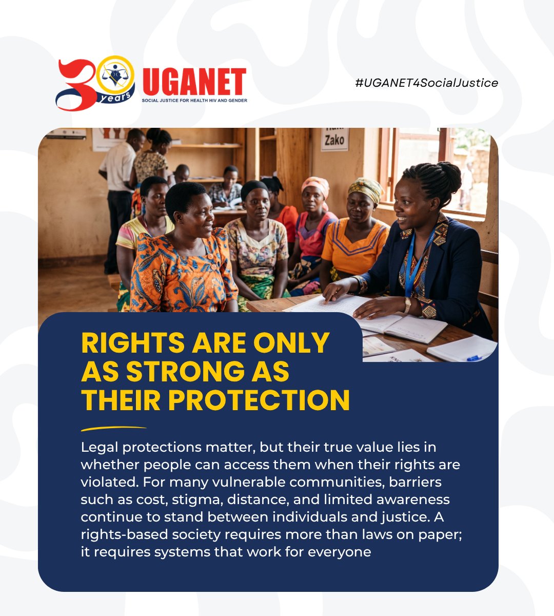 Uganetlaw's tweet photo. Access to justice goes beyond laws, it means ensuring everyone can use them when their rights are violated. Cost, stigma, distance and limited awareness should never stand in the way of justice. UGANET continues to advocate for systems that protect, empower and work for everyone. 

#UGANET4SocialJustice