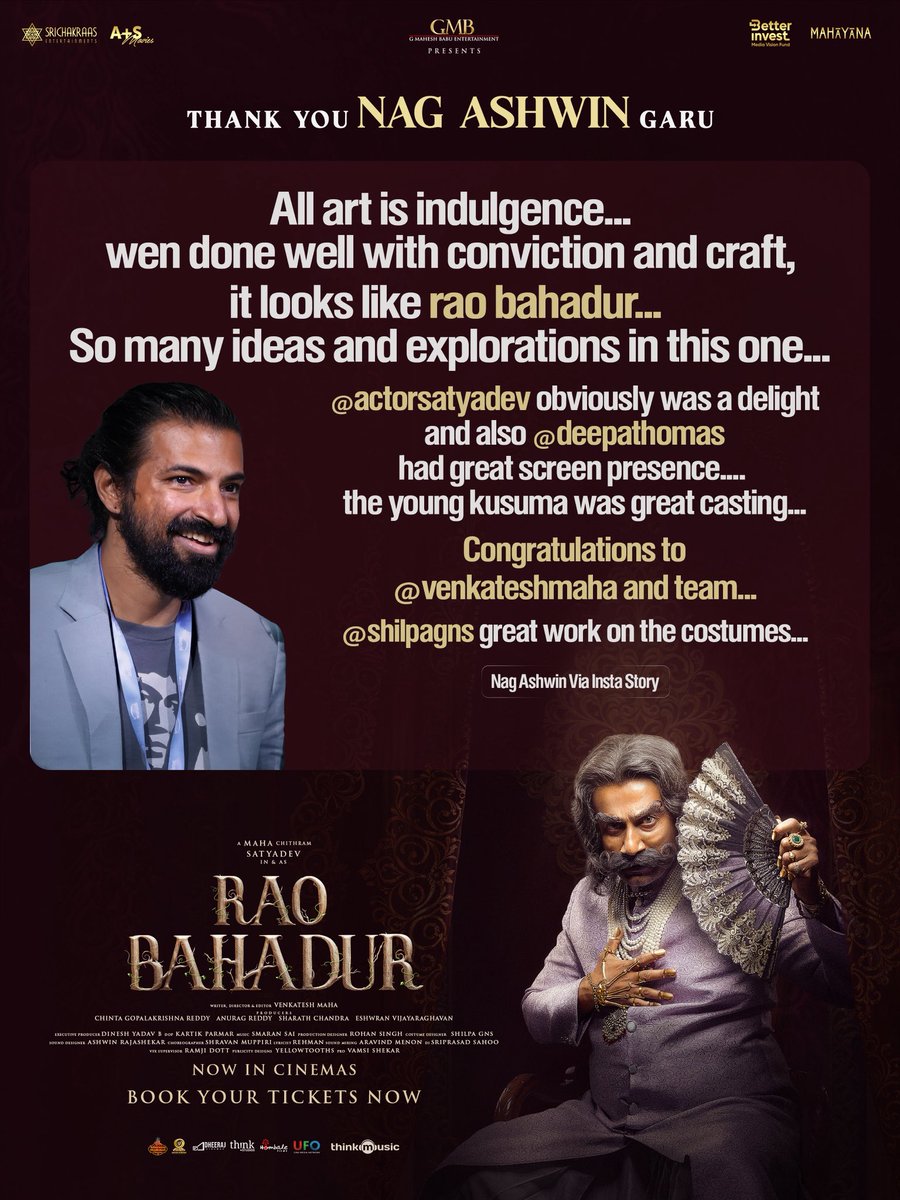 RaoBahadurMovie's tweet photo. Thank you, @nagashwin7 Garu ❤️

Elated to know that you enjoyed #RaoBahadur ❤‍🔥

Book your tickets now!
🎟️ https://t.co/Eifm6mWElV

EXPERIENCE TELUGU CINEMA LIKE NEVER BEF🎃RE

@ActorSatyaDev @mahaisnotanoun @DeepaThomasss @GMBents @SrichakraasEnts @AplusSMovies @Mahayana_MP @RaoBahadurMovie @AtharvanaGlobal @thinkmusicindia @MediaYouwe