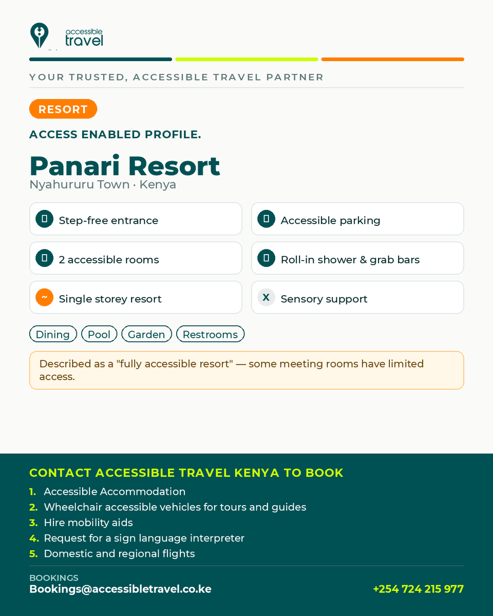 AccessTravelKE's tweet photo. Panari Resort, Nyahururu: step-free, single storey, 2 accessible rooms w/ full bathroom adaptations. 

Accessible Travel Kenya will book your stay, wheelchair accessible vehicle, mobility aids &amp; more.
+254724 215 977 
Bookings@accessibletravel.co.ke
#AccessibleTravel #TembeaKenya https://t.co/FISvP5yrRZ