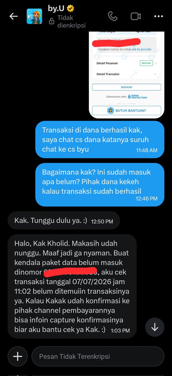 KholidIsmail3's tweet photo. Halo @byu_id @danawallet mohon bantuannya &amp; kejelasannya. Saya beli paket data via DANA hari ini jam 11:02. Di aplikasi DANA statusnya sudah BERHASIL lengkap dengan Nomor Seri (SN). Tapi di by.U paket belum masuk &amp; tertulis transaksi tidak ditemukan. https://t.co/xlOA1XT8Tk