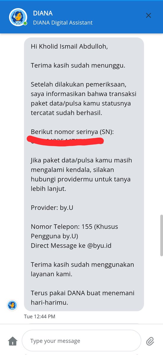 KholidIsmail3's tweet photo. Halo @byu_id @danawallet mohon bantuannya &amp; kejelasannya. Saya beli paket data via DANA hari ini jam 11:02. Di aplikasi DANA statusnya sudah BERHASIL lengkap dengan Nomor Seri (SN). Tapi di by.U paket belum masuk &amp; tertulis transaksi tidak ditemukan. https://t.co/xlOA1XT8Tk