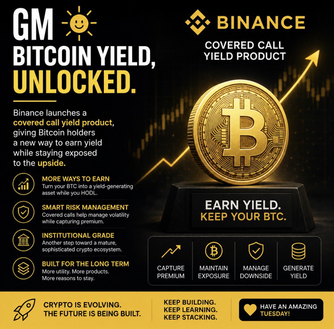 XMaximist's tweet photo. GM ☕️

The strongest hands don’t just survive the bear markets…

They find ways to make their Bitcoin work for them.

@binance launching a covered call yield product is another sign that crypto is maturing beyond simply “buy and hold.” More products are being built for long-term investors who want additional utility from the assets they already own. (CoinDesk)

We’re watching the industry evolve from speculation into a complete financial ecosystem.

Less hype.
More infrastructure.
More real-world financial products.
More reasons for institutions and retail to stay.

Keep building. Keep learning. Keep stacking.

Have an amazing Tuesday. 💪