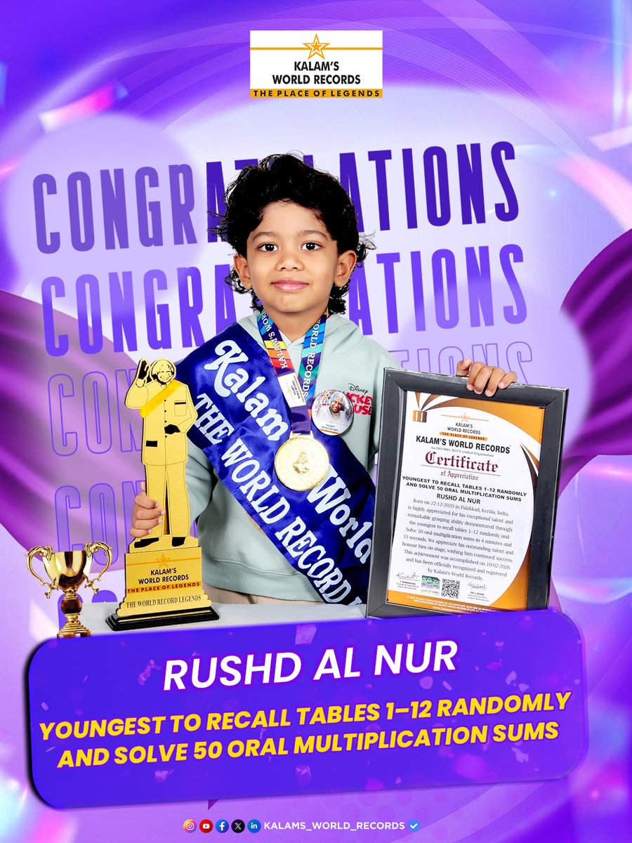 K_B_O_R's tweet photo. YOUNGEST TO RECALL TABLES 1–12 RANDOMLY AND SOLVE 50 ORAL MULTIPLICATION SUMS
👏 Congratulations Rushd Al Nur!
#mentalmath #multiplicationtables #oralcalculation https://t.co/N7lROxYFdn
