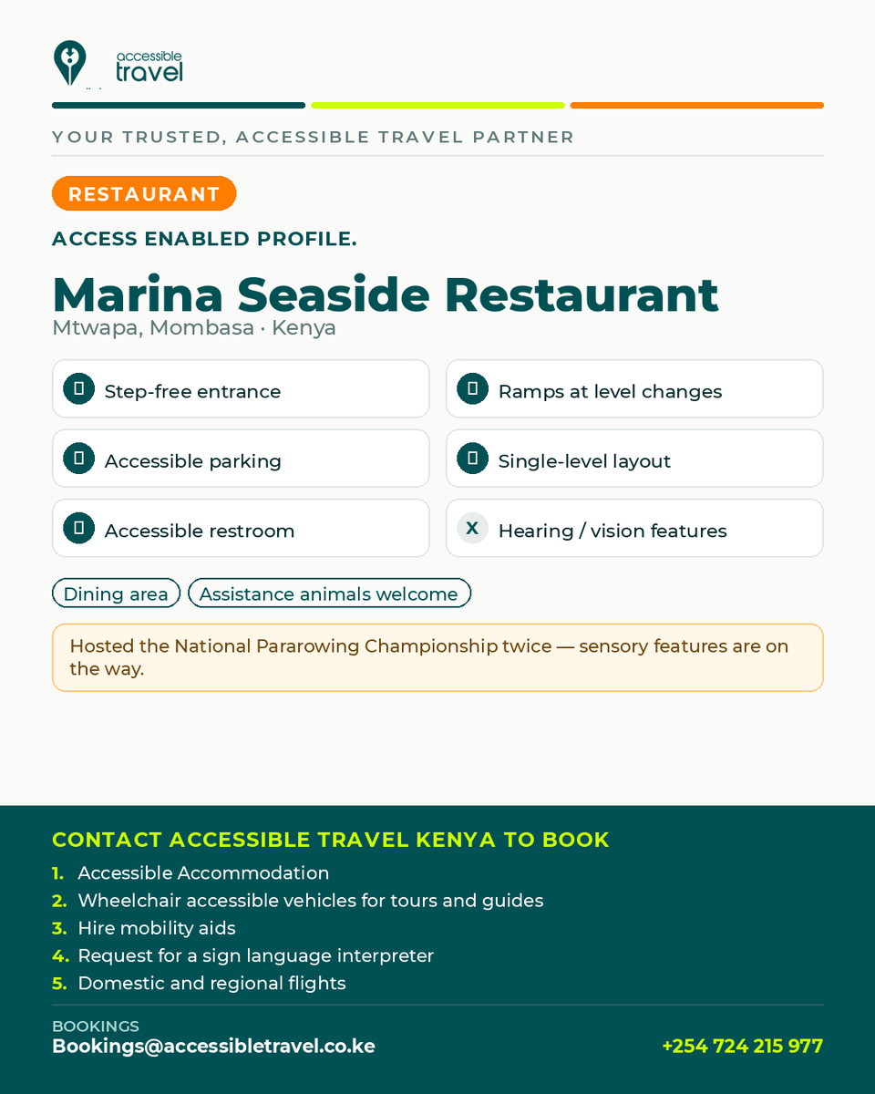 AccessTravelKE's tweet photo. Marina Seaside Restaurant, Mtwapa: step-free, single-level, fully paved from car park to table. Hearing/vision features on the way — call ahead. We arrange your vehicle, interpreter &amp; accessible stay nearby.

+254724 215 977

Bookings@accessibletravel.co.ke
#AccessEnabled
#Kenya https://t.co/u9y2wXEWjV