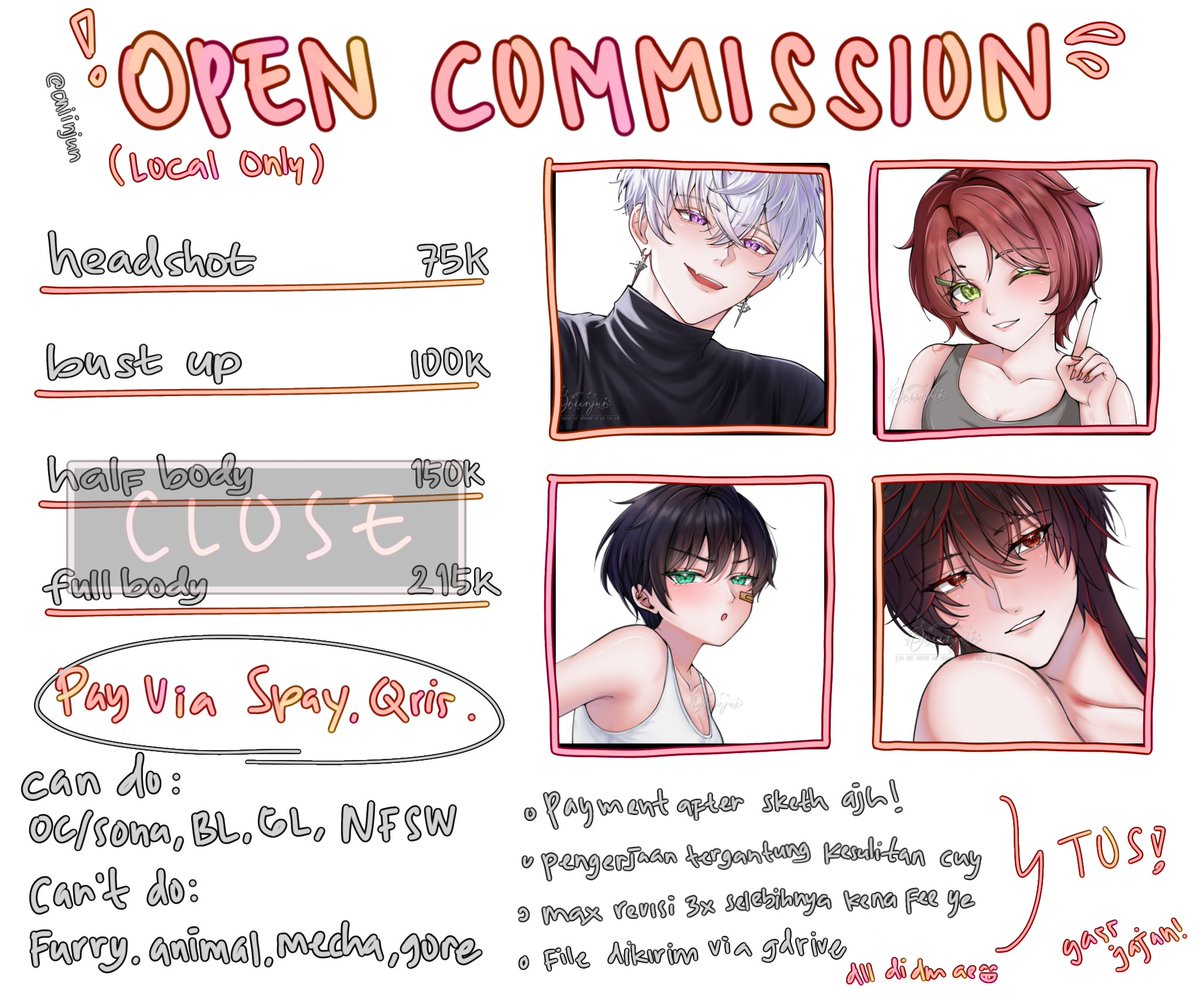 oniijunn's tweet photo. ( like &amp; rt, appreciated! )
✨OPEN COMMISS LOCAL ONLY✨

aku cuma open beberapa slots dulu yh
&amp; avail headshot ama bust up dulu but kalo mw tanya² selebihnya bisa langsung dm aj ygy, gass jajan cuy!
#opencommission #commission https://t.co/a0uEgDqfom