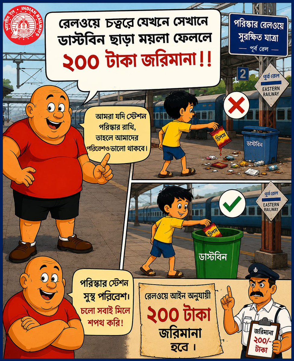 EasternRailway's tweet photo. ২০০ টাকা ফাইন! আমার কাছে তো নেই! 
ফাইন সবার জন্য নয়।
শুধুমাত্র যারা স্টেশন চত্বরে যত্রতত্র ময়লা বা আবর্জনা ফেলবেন, তাঁদের বিরুদ্ধেই স্পট ফাইন করা হবে।
Eastern Railway is Watching You অভিযান চলছে।
আপনি সিসিটিভি নজরদারির মধ্যেই আছেন।
তাই ময়লা বা আবর্জনা নির্দিষ্ট ডাস্টবিনেই ফেলুন।
পরিচ্ছন্ন স্টেশন গড়ুন, সুস্থ পরিবেশ বজায় রাখুন।
আপনার একটি সচেতন পদক্ষেপই পারে স্টেশনকে রাখতে পরিষ্কার, সুন্দর ও সকলের জন্য নিরাপদ।

#EasternRailway #EasternRailwayIsWatchingYou #Swachhata #CleanStation #UseDustbin #NoLittering #RailwayAwareness