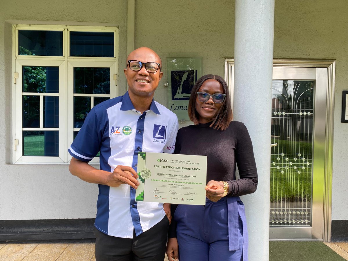 LonadekInc's tweet photo. We are proud to share that @LonadekInc Global Services has received a Certificate of Implementation as an implementing organisation for the Inspire, Create, Start & Scale (ICSS 2.0) Entrepreneurship Development Programme.π
#Lonadek #CedarSTEM #ICSS #GIZ #GOPA #SMEDAN https://t.co/3oqaDZ926A