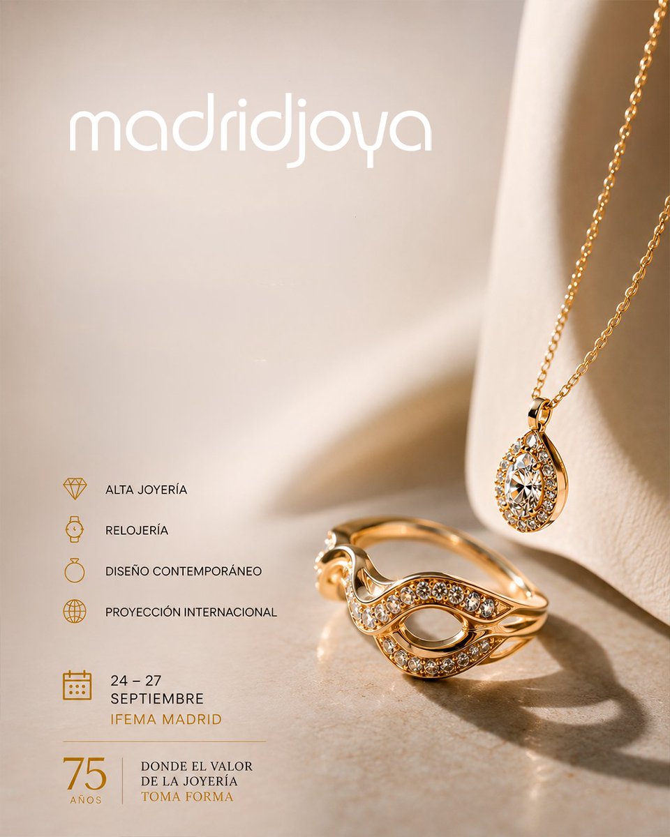 Madridjoya's tweet photo. 💎 #Madridjoya26 celebra su 75ª edición reuniendo alta joyería, relojería y diseño contemporáneo en un entorno especializado para impulsar negocio, conexión internacional y nuevas oportunidades para el sector.

📍24–27 septiembre | @IFEMA MADRID https://t.co/hNI2NeW3jd
