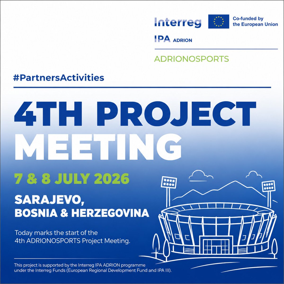 ADRIONOSPORTS's tweet photo. Today marks the start of the 4th ADRIONOSPORTS Project Meeting in Sarajevo!

#ADRIONOSPORTS #CircularEconomy #GreenSports #IPAADRION https://t.co/CSosRAGQy8