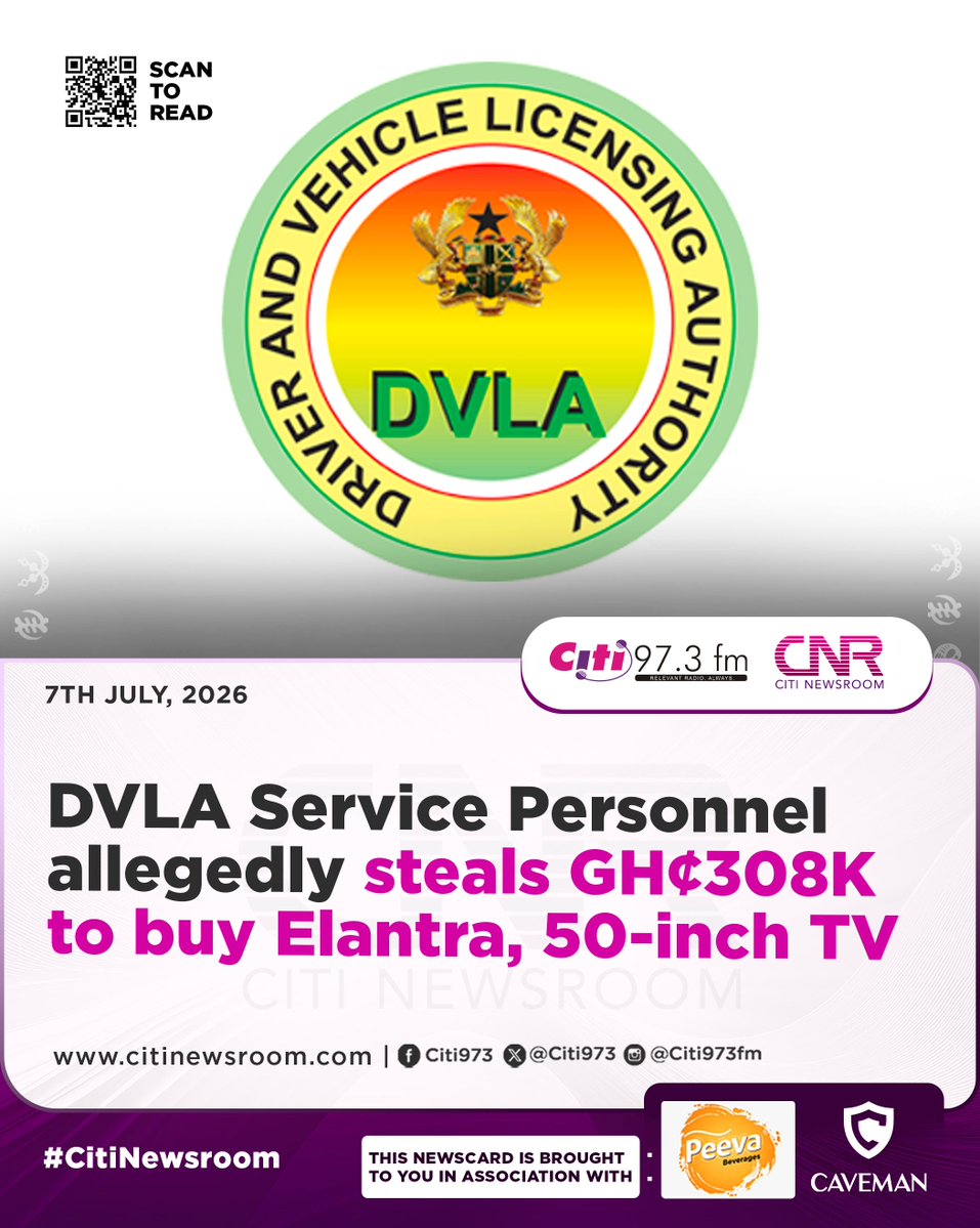 Citi973's tweet photo. NSS Personnel at DVLA allegedly steals GH¢308K to purchase Hyundai Elantra saloon car, a Samsung 50-inch television set and pay sibling’s school fees.

Full story here⬇️
https://t.co/JL0QVEAXUF

#CitiNewsroom #CitiFM #GhanaNews https://t.co/HDBl6QFxvF