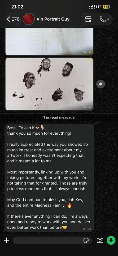 JaakevMadness's tweet photo. Whenever I meet  a creative person, I  get so excited.   Weeks ago, this guy tagged me here on Facebook kuti akujambula crew ya Madness, I encouraged him to carry on. Lero, we met. He delivered the portrait. And, I thanked him in a special way. 

My dream is always to see artists, especially the young ones, become successful with their skills. Ambuye apitirize kundidalitsa kuti ndikhuze as  many youths as possible in this country.