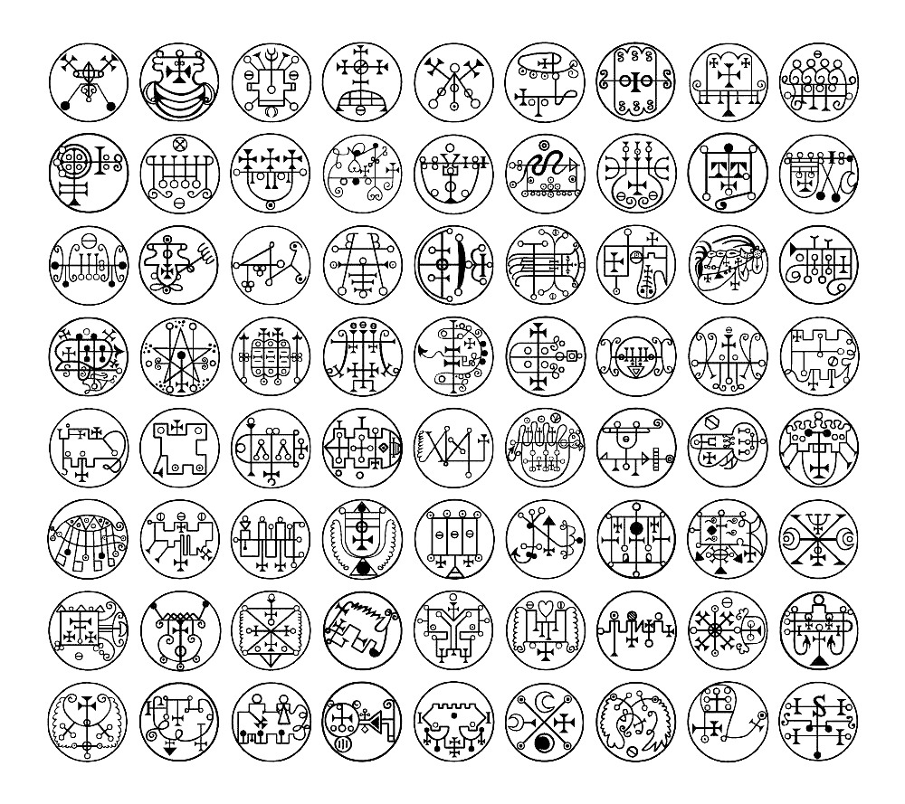archaeologyart's tweet photo. The 72 sigils of the 72 spirits constrained by King Solomon in a bronze vessel, The Book of the Goetia of Solomon the King, 1904 https://t.co/dUjw5l4Z1H