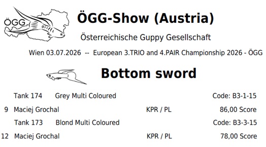 TurfTalkPL's tweet photo. Happy to share my result from the ÖGG-Show in Vienna (03.07.2026), organized by the Österreichische Guppy Gesellschaft! 🇦🇹 My "Bottom Sword" guppies. Great atmosphere and a fantastic event. Thanks to everyone involved! 🤝✨ #guppy #guppyshow #OGG #Vienna https://t.co/Y2Gm2rpRlp