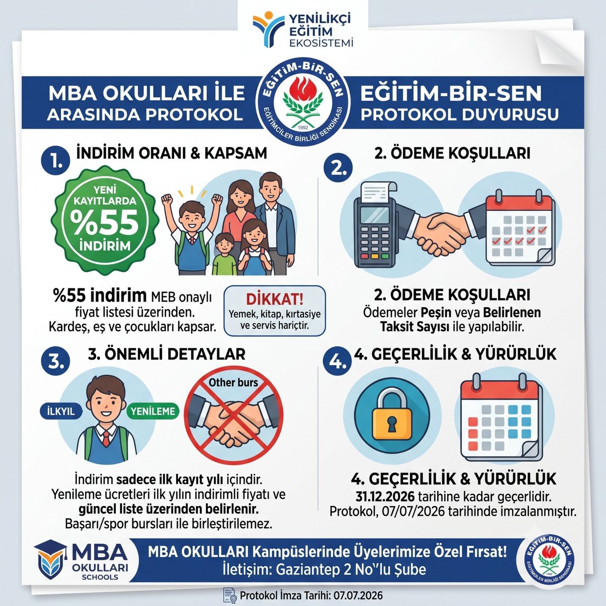 EbsGaun's tweet photo. Eğitim-Bir-Sen Gaziantep 2 Nolu Şubesi olarak MBA Okulları ile üyelerimize özel avantajlar sağlayan protokolümüzü imzaladık.

🔹 MEB onaylı fiyat listesi üzerinden %55 İNDİRİM
🔹 Peşin veya taksitli ödeme seçeneği
🔹 İlk yeni kayıtlar için geçerlidir.

Hayırlı olsun!

 #Gaziantep https://t.co/YY6wks9xSn