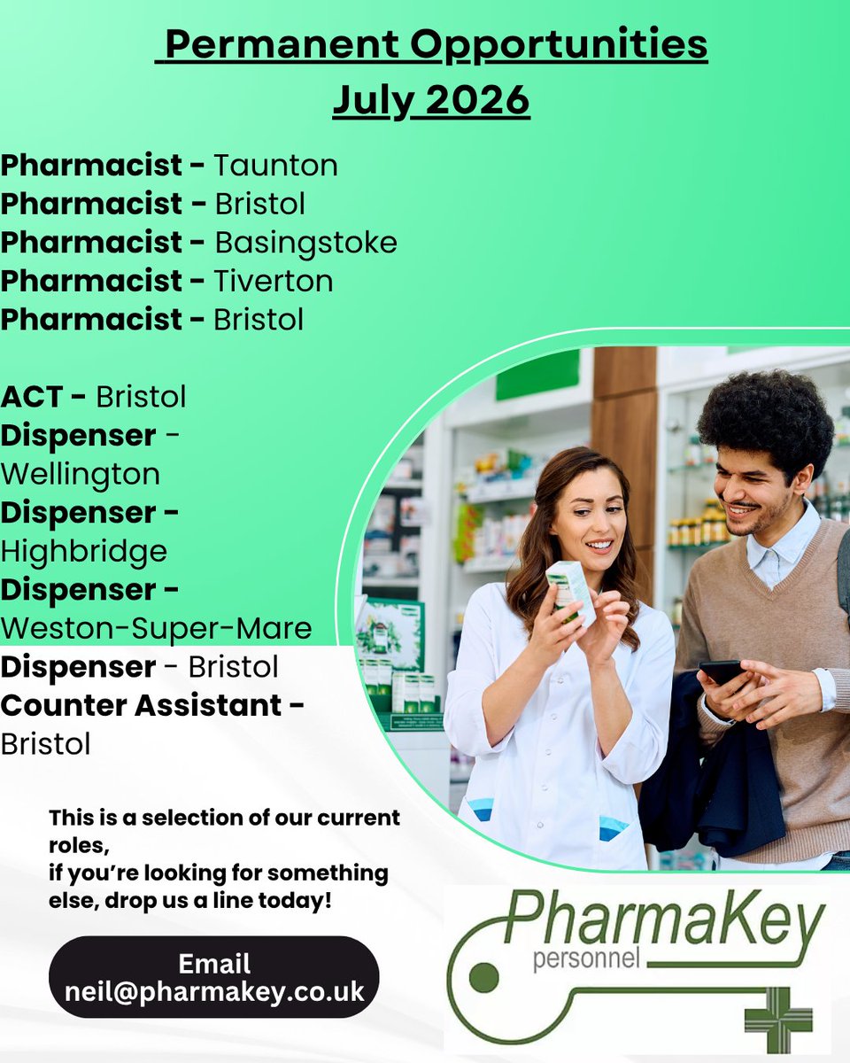 PharmaKeyltd's tweet photo. Hi everyone, hope you're having a wonderful week so far! Here's a small selection of our current opportunities. If you're looking for a role in pharmacy anywhere in the country, drop us a line &amp; we'll be happy to have a chat to see how we can help you! 
#pharmacist #pharmacyjobs https://t.co/gBRuXNkrQo