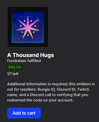 Aly_Chambers_'s tweet photo. Monument of Triumph: Lightkeeper Legacy Vault Fundraiser

"A Thousand Hugs" emblem!!!

https://t.co/q5m5boOPku
#bungiefoundation #bungie #bungiecreator #destiny2 https://t.co/LcJ7fMRDoO