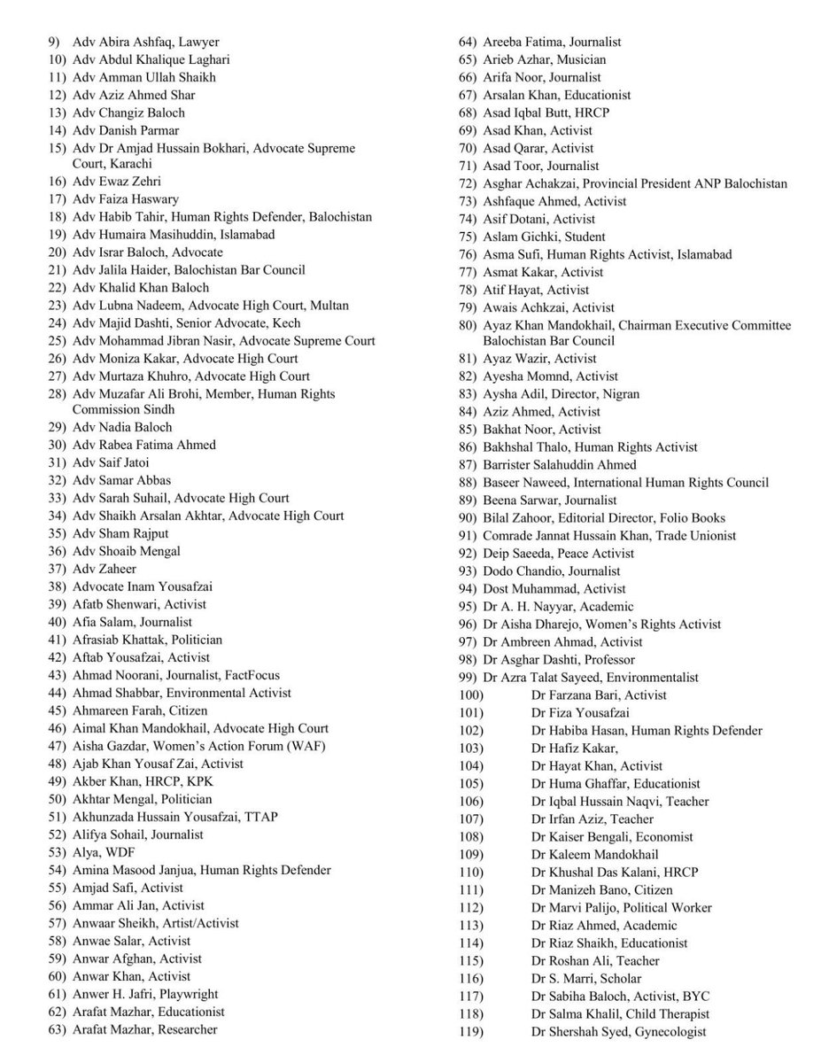 AlifyaSohail's tweet photo. The 320 signatories to Monday’s letter to Pakistan’s Chief Justice deliver a stark warning: “History will judge not only the military establishment but also the judges who enabled its excesses.” The letter argues that “by allowing its halls to be used for political score-settling, the judiciary has also become a victim of these proceedings,” and therefore it cannot evade responsibility for upholding the life sentences imposed on Dr. Mahrang Baloch and Sibghatullah Baloch via faceless trials.