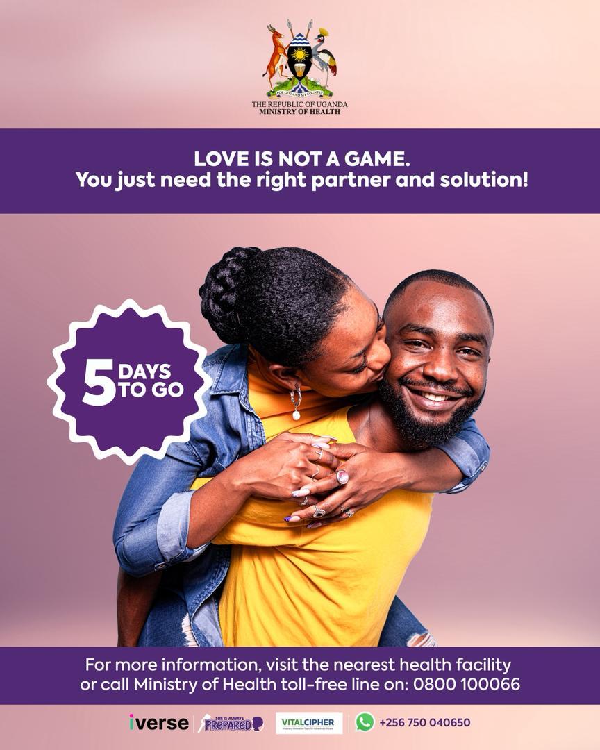 TesoSpear's tweet photo. Love is not a game. The right partner and the right health choices can make all the difference.
Visit your nearest health facility for guidance or call the Ministry of Health toll-free line: 0800 100066.
5 days to go. Stay tuned.
#MinistryOfHealthUganda #SheIsAlwaysPrepared https://t.co/4lTeWGkHoL