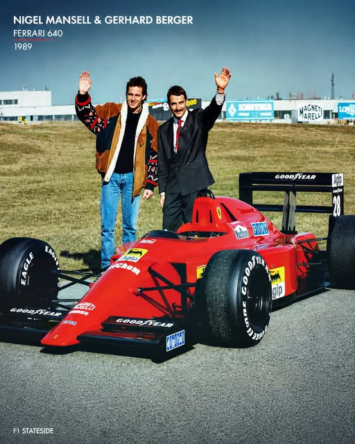 phn16's tweet photo. Une nouvelle Ferrari, deux pilotes vedettes, et le début d'une révolution technologique.  Nigel Mansell et Gerhard Berger posent aux côtés de la Ferrari 640  avant la saison 1989 de Formule 1, introduisant une voiture qui  changerait à jamais la course du Grand Prix. https://t.co/dLWqryzSGr