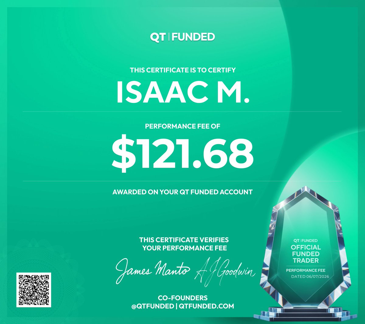 IsMoDev's tweet photo. @QtFunded IsMoDev Receives First Payout from QT Funded
@QtFunded #ISMODEV @IsMoDev @AlexQuantTekel @JamesQuantTekel

Verify Certificate: https://t.co/TQVTC6E40T

07/07/2026 https://t.co/GfS6MntCuF