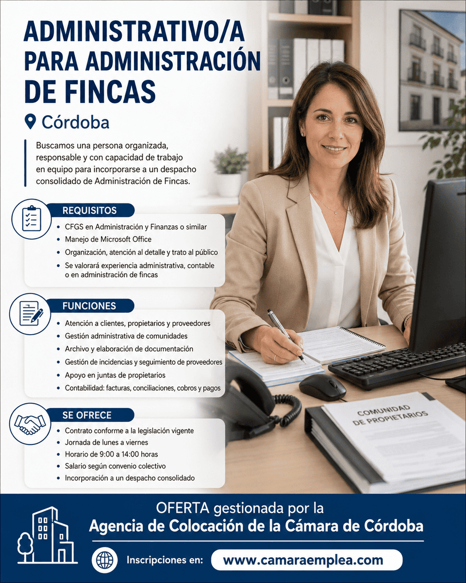 camaraemplea's tweet photo. Nueva oferta #trabajo Camara Emplea: ADMINISTRATIVO/A PARA ADMINISTRACION DE FINCAS en #cordobaesp @camaraofcordoba > https://t.co/t7m33zfepV #camaraemplea https://t.co/2Ee5oTnnJp
