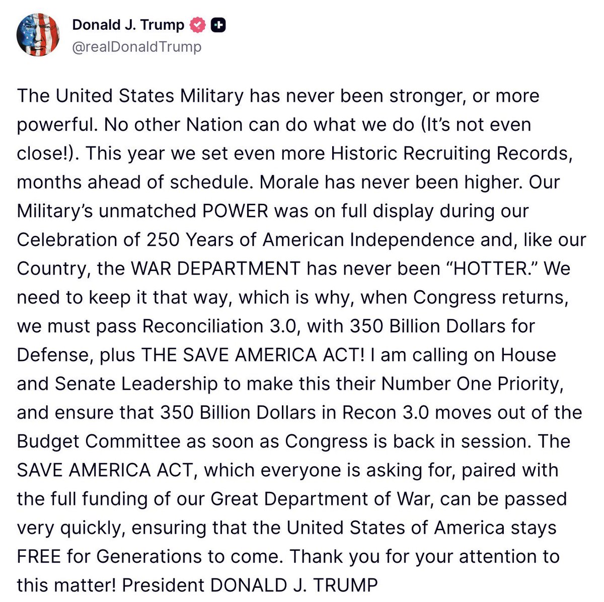 annmarie's tweet photo. Trump en route to the NATO Summit calls for “Reconciliation 3.0, with 350 Billion Dollars for Defense, plus THE SAVE AMERICA ACT!” https://t.co/sRlcRt3b5F