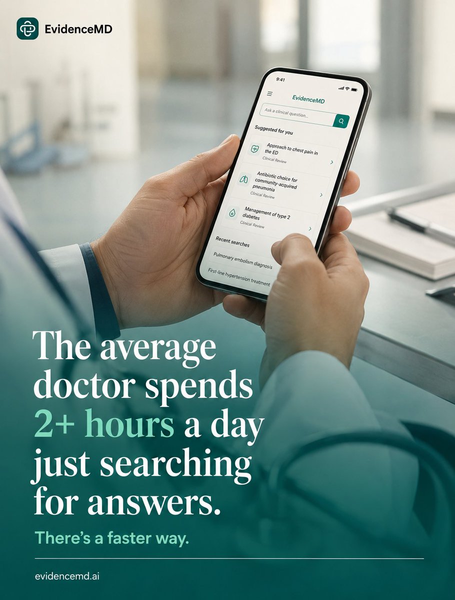 evidence_md's tweet photo. Searching journals shouldn't take longer than treating patients.

EvidenceMD brings clinical reasoning, trusted evidence citations, and AI-powered documentation together in one place.

✔ Clinical reasoning
✔ PubMed-backed answers
✔ AI Medical Scribe

Get started free!
https://t.co/Fp18WxQ702

#MedicalAI #HealthTech #EvidenceBasedMedicine #Doctors #ClinicalAI