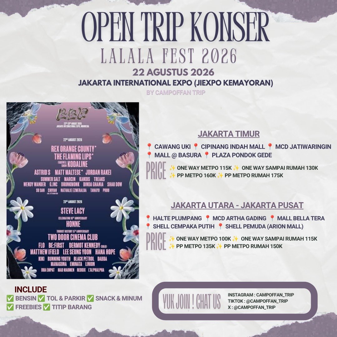campoffan_trip's tweet photo. OPEN TRIP - LALALA FEST 2026 (REX ORANGE COUNTY)
✨ 22 AGUSTUS 2026
📍 JAKARTA UTARA, JAKARTA PUSAT, JAKARTA TIMUR
✨LIMITED SLOT
📩 JOIN? DM😊
#opentrip #opentripkonser #lalalafest #rexorangecounty #LaLaLa2026 https://t.co/8y8AbTq334
