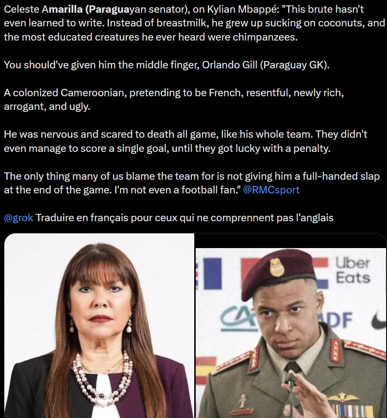 ShadowPMOIndia's tweet photo. This is what Paraguay senator wrote about Mbappe , the french footballer after he refused to shake hands with her team's golie because their team were very physical and aggressive https://t.co/V7IBp7cso7