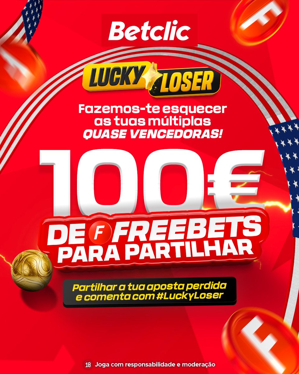 BetclicPortugal's tweet photo. ☘️🥲 Portugal, Portugal, Portugal... Vamos dar 10€ de Freebets para 10 pessoas que perderam apostas na nossa seleção!

➡️ Segue a @BetclicPortugal
➡️ Dá RT + Like
➡️ Comenta com o print da tua aposta perdida por 1 resultado apenas + #LuckyLoser + Username Betclic

1 comentário por utilizador.
Passatempo termina hoje, nomes anunciados amanhã.