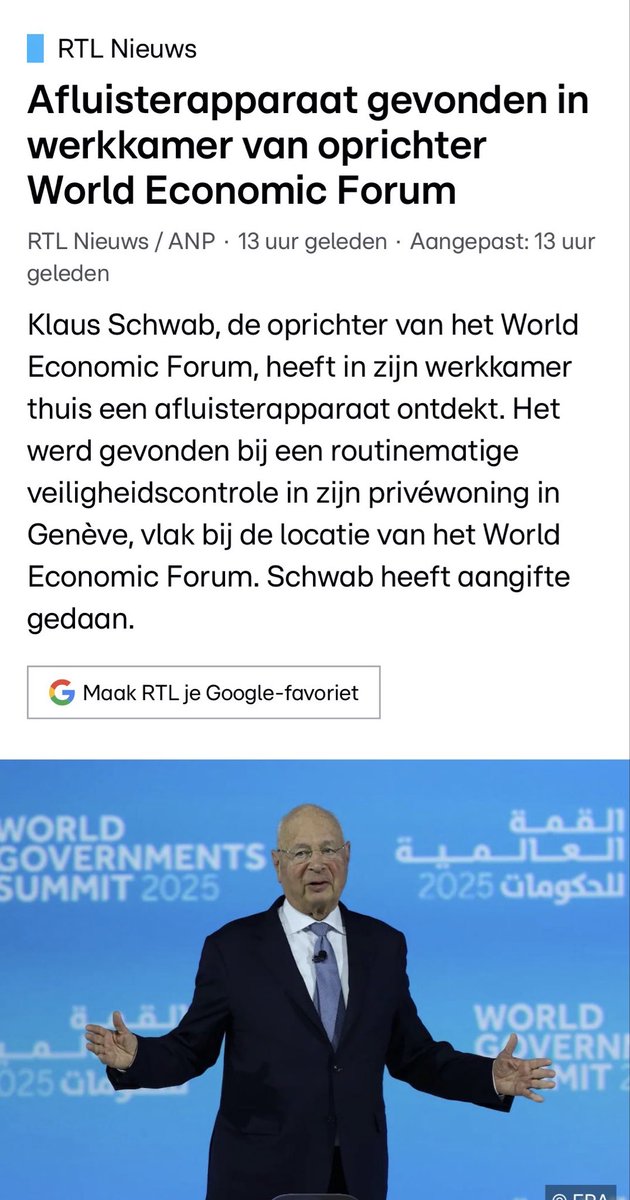 VincentVandep8's tweet photo. Klaus Schwab, de man die, samen met zijn discipelen, jarenlang predikt dat wie “niets te verbergen heeft, ook niets te vrezen heeft”, is nu zelf erg verbolgen omdat er in zijn eigen woning afluisterapparatuur werd gevonden.

Fascinerend blijf ik zoiets toch vinden. 

Hetzelfde clubje dat al jaren pleit voor steeds meer controle, steeds minder privacy en steeds verdergaandere surveillance, blijkt daar plots een stuk minder enthousiast over wanneer ze zélf het voorwerp van die controle worden. 

Ondertussen probeert de EU via allerlei achterpoortjes en loopholes al uw en mijn privéberichten te laten scannen, camera’s permanent op bestuurders te richten, het aantal slimme camera’s verder uit te breiden, identiteitscontrole voor internetgebruik op te leggen, Chat Control op een slinkse manier door te drukken… 

Altijd opnieuw onder het mom van veiligheid, de strijd tegen terrorisme of de bescherming van kinderen. Zogezegd. 

Maar van zodra één van de geestelijke vaders van die surveillancemaatschappij zélf wordt afgeluisterd, is het plots wereldnieuws. 
Dan wordt er klacht neergelegd. 
Dan blijkt privacy ineens toch een fundamenteel recht te zijn. 🤦‍♂️

Opvallend hoe “wie niets te verbergen heeft…” blijkbaar alleen geldt voor u en mij. 

En dan hebben we het nog niet eens over het feit dat Klaus Schwab ooit trots verklaarde dat het World Economic Forum “de kabinetten heeft gepenetreerd”. Een woordkeuze die misschien zelfs eerlijker was dan bedoeld...🧐 Maar misschien wel een plausibele verklaring voor het gedrag van WEF leden, die hoge politieke posten invullen, ministers enzo…

Privacy is blijkbaar een luxe voor de elite, en een hinderpaal voor de gewone burger.