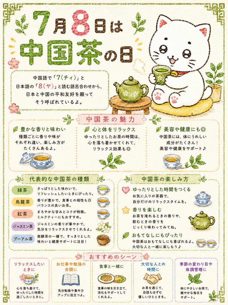 shironeko_7para's tweet photo. ７月８日は『中国茶の日』。「朝茶はその日の難逃れ」「朝茶は福が増す」など、朝いちばんのお茶は"その日の福を招く"といわれる縁起物。１日の始まりこそ、ゆっくりと体にあたたかいものを巡らせて、自分の気持ちを整えてみて。みんなが心地よい１日をすごせますように。 https://t.co/j4orHSSUdf