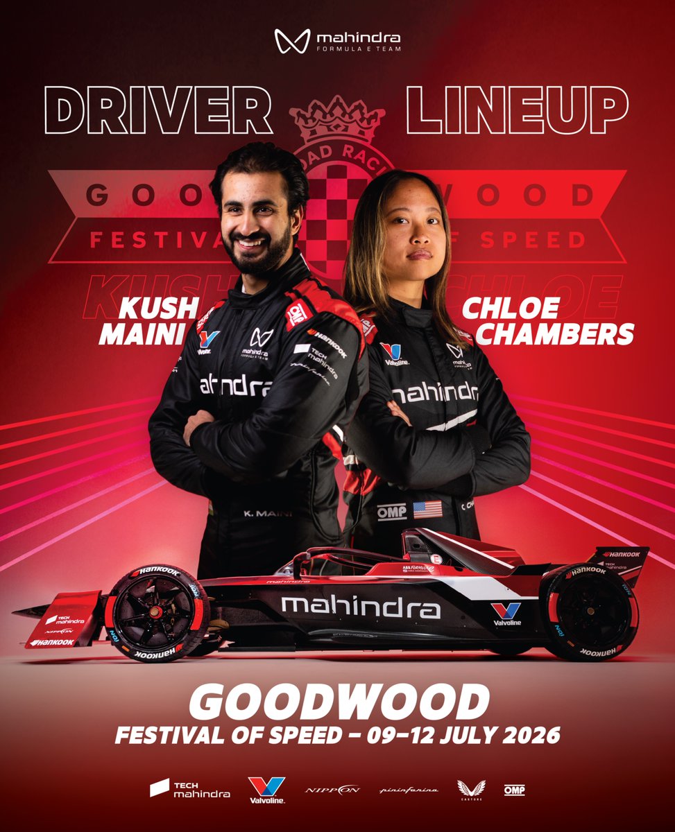 MahindraRacing's tweet photo. Goodwood, we're ready🏁⚡

🔥 Thursday &amp; Friday: @ChloeCRacing makes her first public appearance as our Test &amp; Development Driver
🏆 Saturday &amp; Sunday: @kmainiofficial takes the wheel, arriving fresh from an incredible @Formula2  Podium at Silverstone

#Mahindra #Goodwoodfos https://t.co/WU7UKd8XFB