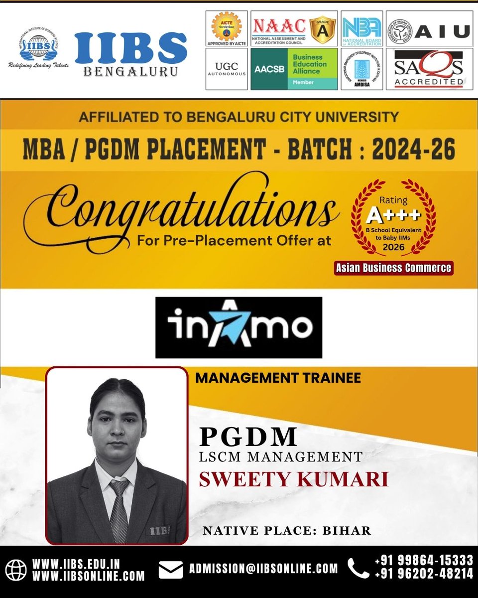 iibsonline's tweet photo. Heartiest Congratulations! 🎉
MBA/PGDM Campus Placement | Batch 2024–26
We are proud to congratulate Sweety Kumari, PGDM – LSCM, on a Pre-placement Offer at #Inamo as a Management Trainee.
#PreplacementSuccess #ProudMoment #PGDM #MarketingManagement #CareerGrowth https://t.co/7aNxompPYe