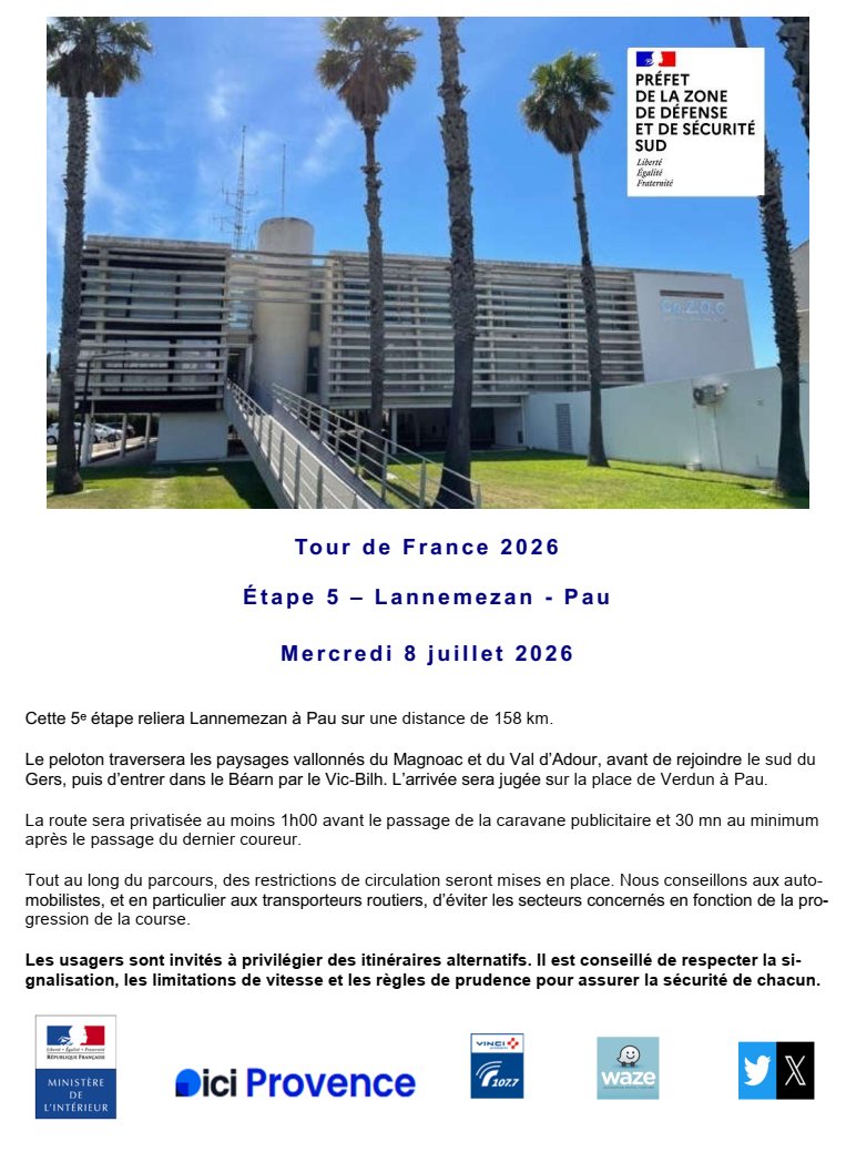 cezocsud's tweet photo. Communiqué CRZ Sud - étape 5 du TDF 2026 - Lannemezan - Pau du mercredi 08 juillet 2026. https://t.co/gRSRwaITi7