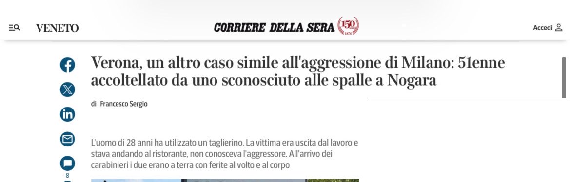 fratotolo2's tweet photo. Nogara, un altro caso simile all’aggressione di Milano 

Un 28enne marocchino, già noto alle Forze dell'ordine, ha improvvisamente accoltellato alla schiena un 51enne davanti a un ristorante. 

Quando sono arrivati i carabinieri, la vittima stava cercando di bloccare la mano del marocchino che voleva colpirlo nuovamente.