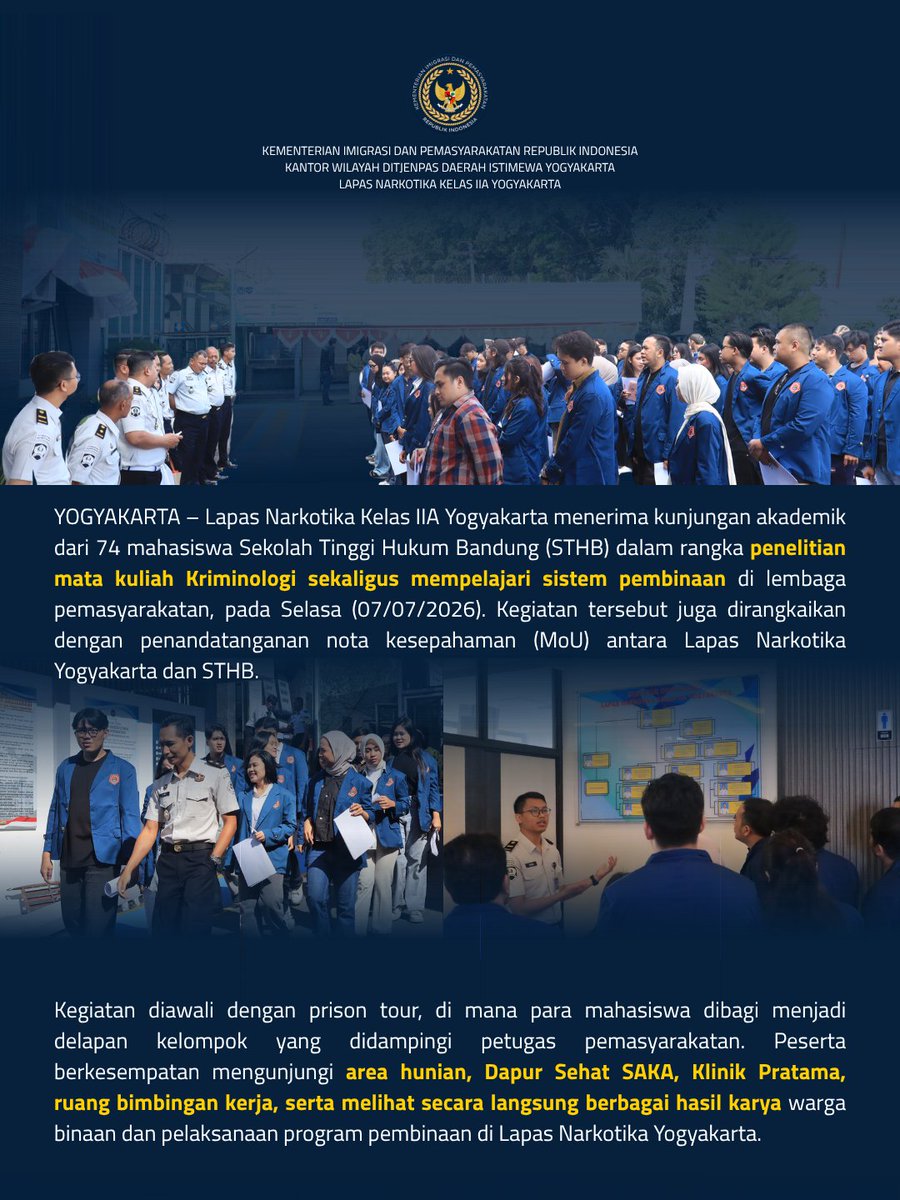 lapsustik_yk's tweet photo. Belajar Kriminologi Langsung di Lapas!

Sebanyak 74 mahasiswa Sekolah Tinggi Hukum Bandung (STHB) melaksanakan kunjungan akademik ke Lapas Narkotika Kelas IIA Yogyakarta dalam rangka penelitian mata kuliah Kriminologi sekaligus mempelajari secara langsung sistem pembinaan Lapas. https://t.co/bFDucdmYQw