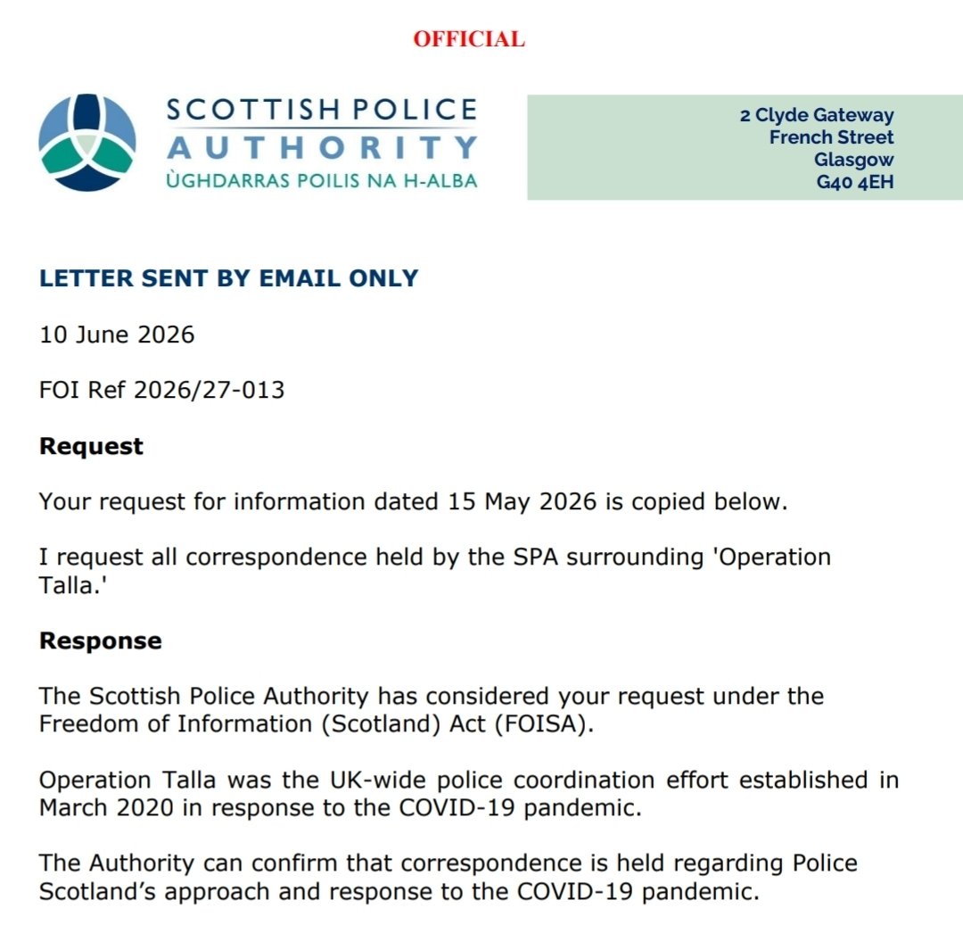EthicalApproach's tweet photo. The documentary record continues to grow.

The Scottish Police Authority has disclosed a 122-page Operation Talla correspondence bundle following an FOI request (not mine).

It contains correspondence between the Scottish Police Authority, Police Scotland, HMICS, Scottish Ministers, the Scottish Parliament, the Independent Advisory Group, human rights organisations and others spanning the Covid period.

Whatever conclusions people ultimately reach, one thing is becoming increasingly clear - Operation Talla was never simply about operational policing. It involved governance, oversight, scrutiny, human rights, ministerial engagement, parliamentary correspondence and strategic coordination at multiple levels.

Much of Ethical Approach UK's independent investigation has pointed towards precisely that wider picture.

As further official disclosures emerge from different public authorities, the documentary record becomes richer, allowing comparisons to be made across institutions rather than relying upon isolated documents.

That is exactly how evidence-led public interest investigation should work.

The full disclosure bundle is now available for anyone wishing to examine it for themselves.

Here is a link:
https://t.co/7ARJ47yKWJ

Read the documents. Compare them with other official disclosures and each your own conclusions.

Evidence should always speak louder than opinion.
