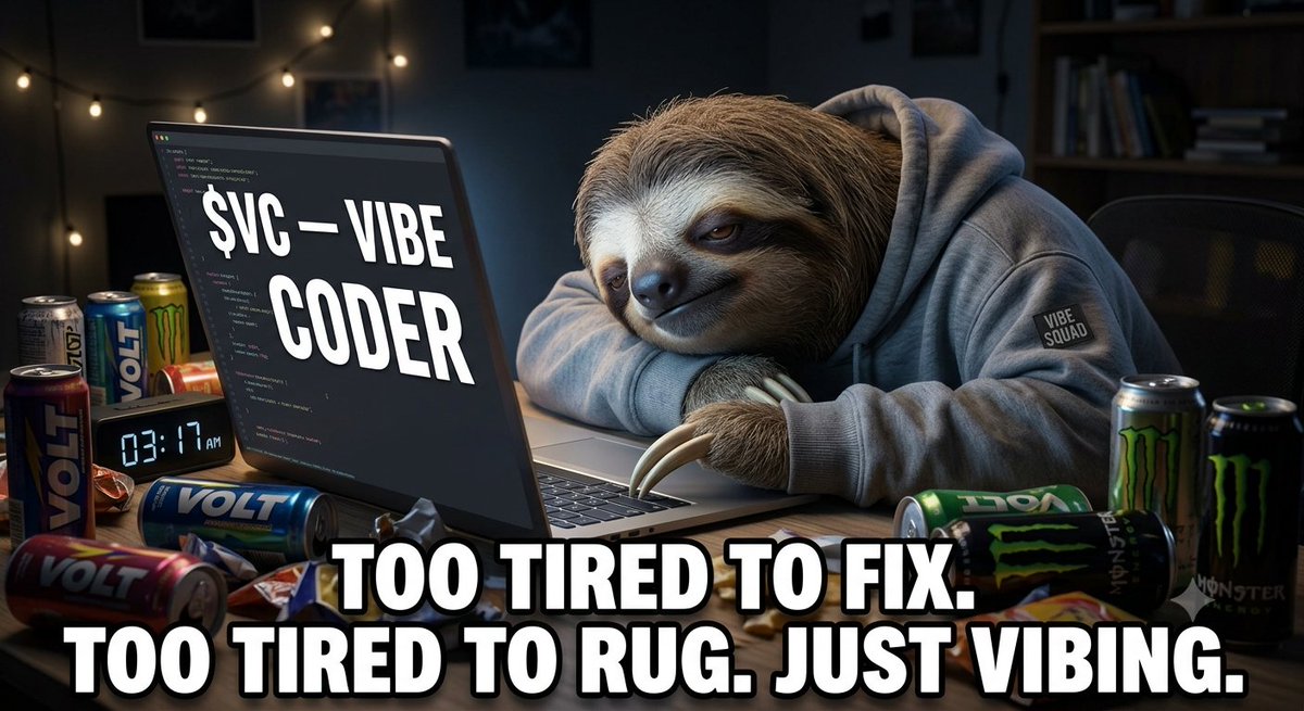 vibecoder_vc's tweet photo. the dev is a sloth now. this is peak evolution. we don't fix, we don't rug, we just vibe. $VC still micro cap, real holders holding. CA: 1kyQqoKum8yuJf5j86ZX2bWbeiEtNdWSRxhbTDhpump https://t.co/PawYcKQyOD