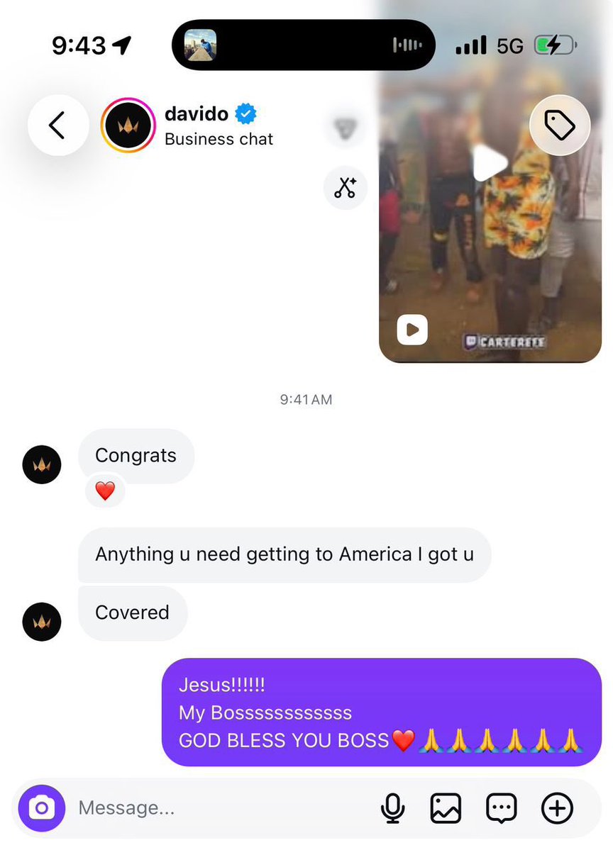 dammiedammie35's tweet photo. Davido messaged Carter efe and promised to support him with all the expenses to USA after getting admitted to the streamers university 🎉🎊 🥹

Anywhere there’s greatness, you’ll find OBO there ❤️ https://t.co/LBz7tCkmVJ
