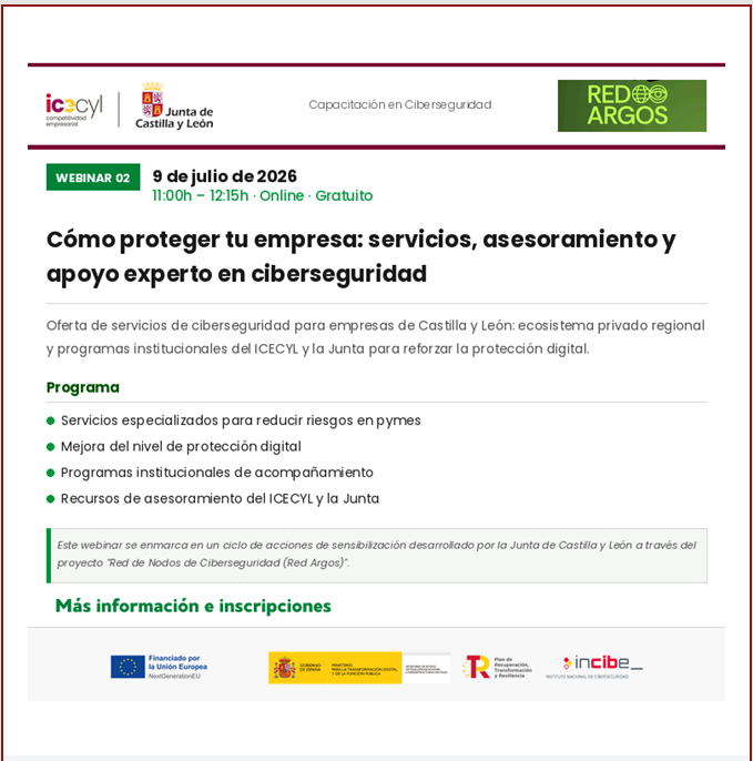 empresasjcyl's tweet photo. 🔐¿Tu empresa está preparada frente a las amenazas digitales?
Participa en esta webnar y descubre soluciones, recursos y programas de apoyo para reforzar tu seguridad digital.
✅ Inscripción gratuita.
📅 9 de julio
👉 https://t.co/FXvUEErw6q
#REDARGOS #RETECH #NextGenerationEU https://t.co/ElzXMAKiGP